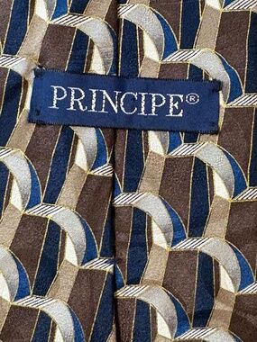 VTG Principe 100% Silk Tie Brown Blue Silver Geometric Retro Men's Necktie